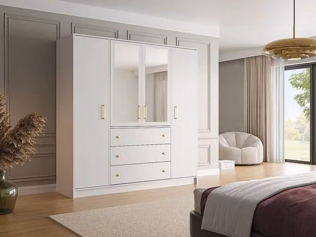 Vente-unique Modern White Wardrobe with 4 Mirrored Doors and 3 Drawers, W: 196 cm, H: 200 cm, D: 58 cm – 1