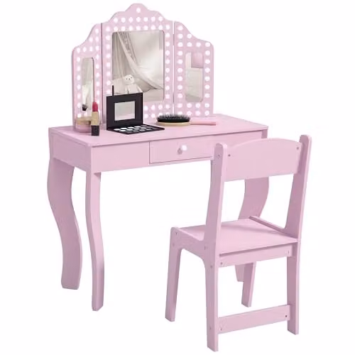 AIYAPLAY Kids Dressing Table with Tri-Fold Mirror and Stool, Pink, W/D/H: 102.5 x 34.0 x 71.0 cm – 1