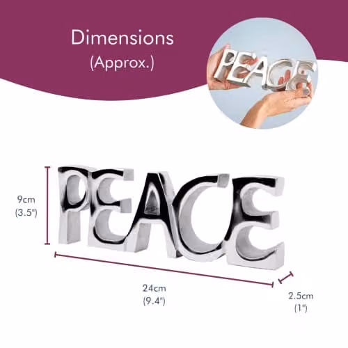 Paper High Recycled Metal Peace Sign in Silver, W: 24 cm, H: 9 cm, D: 2.5 cm – 3