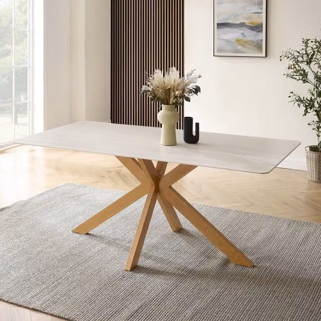Modish Furnishing Athens Rectangular Dining Table with White Matt Ceramic Top and Brown Wood Effect X-Frame Base