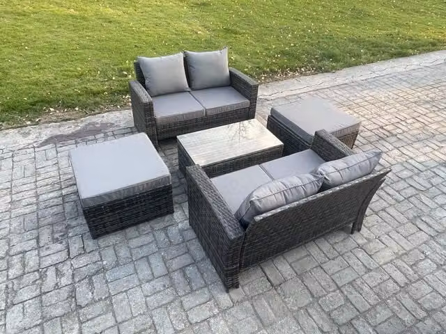 Fimous 6 Seater Rattan Garden Furniture Set in Dark Grey with Double Sofa, Rectangular Coffee Table and 2 Footstools