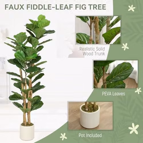 HOMCOM 150cm Artificial Fiddle Leaf Fig Tree in Green and White – 3