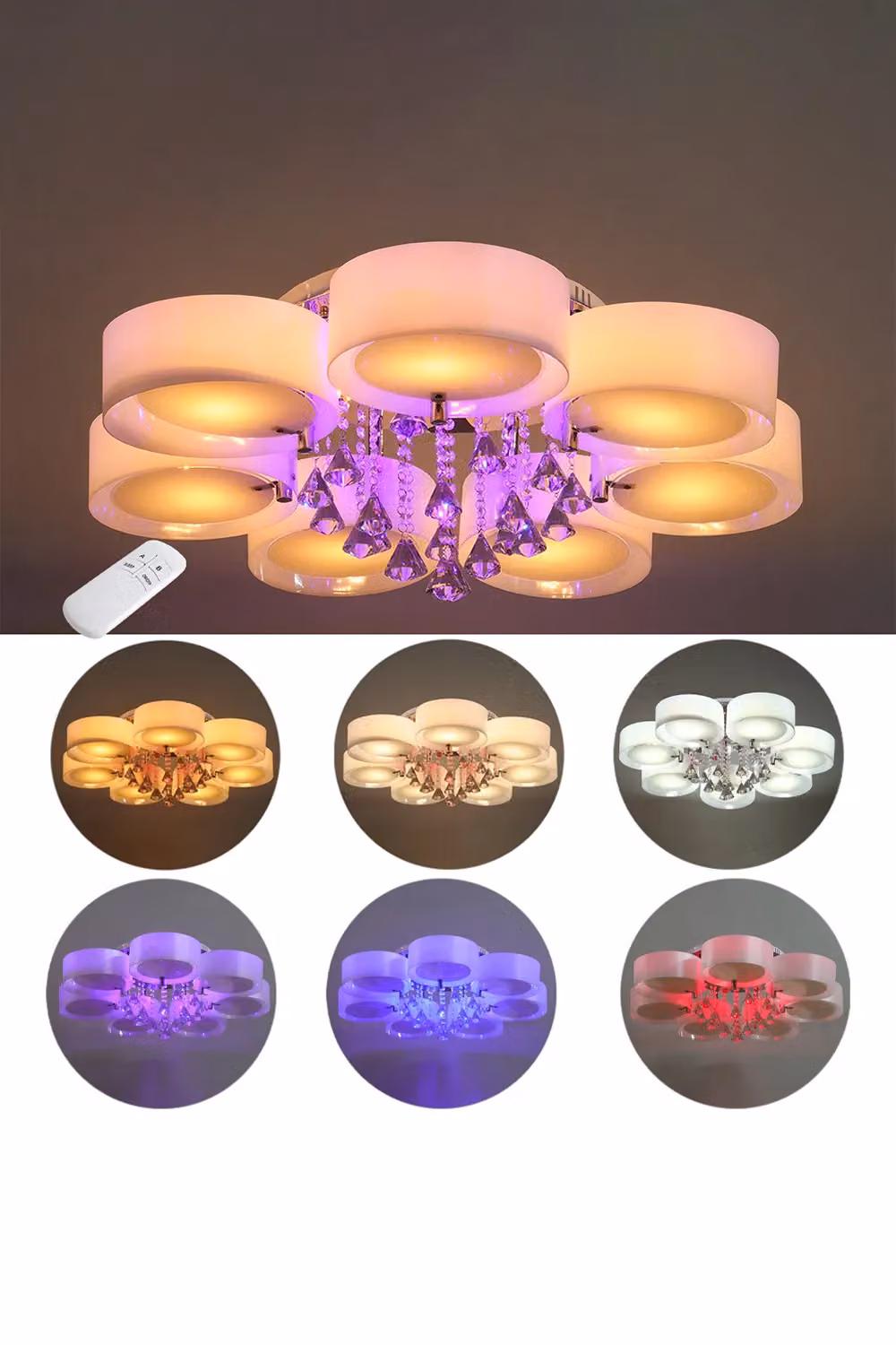 Living and Home Crystal Droplet Fabric Flush Mount Ceiling Light in White – 3