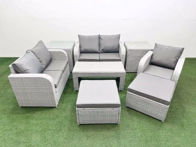 Fimous Grey Poly Rattan Garden Furniture Set with 2-Seater Sofa, Reclining Lounge Armchair, Oblong Coffee Table and 2 Ottomans