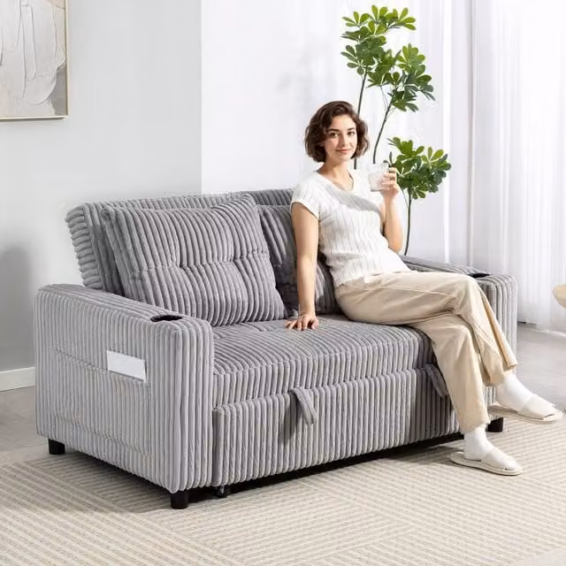 HOMCOM 2 Seater Click Clack Sofa Bed with Scatter Cushions, Light Grey – 1