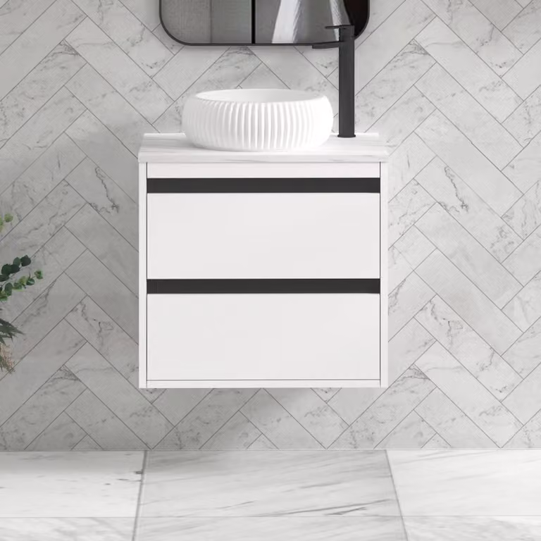 Royal Bathrooms Orion 600mm Matt White Wall Hung 2 Drawer Vanity Unit with Milan Basin and Black Accent Trim