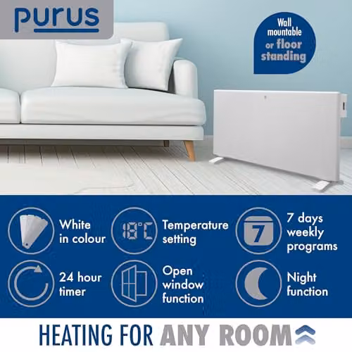 Purus 1800W Electric Convector Panel Heater, White, Wall Mounted or Freestanding – 2