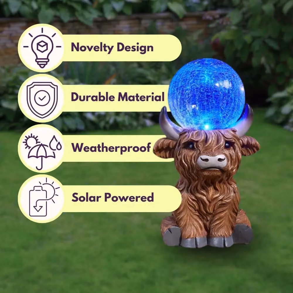Marco Paul Highland Cow Solar Powered Garden Ornament with Crystal Ball, Multicolour, Height: 36 cm – 4