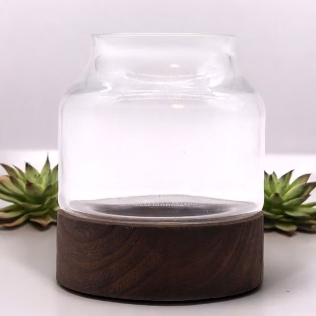 KDMD Small Shaped Round Tabletop Terrarium on Dark Tung Wood in Brown