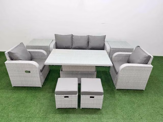 Fimous Grey PE Rattan Garden Furniture Set with 3-Seater Sofa, Reclining Armchairs, Ottoman, Side Tables and Adjustable Table