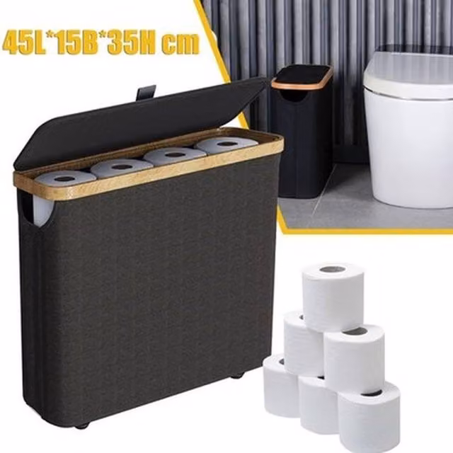NESTLUNE Black Bamboo Freestanding Toilet Roll Storage Basket with Handles – 1