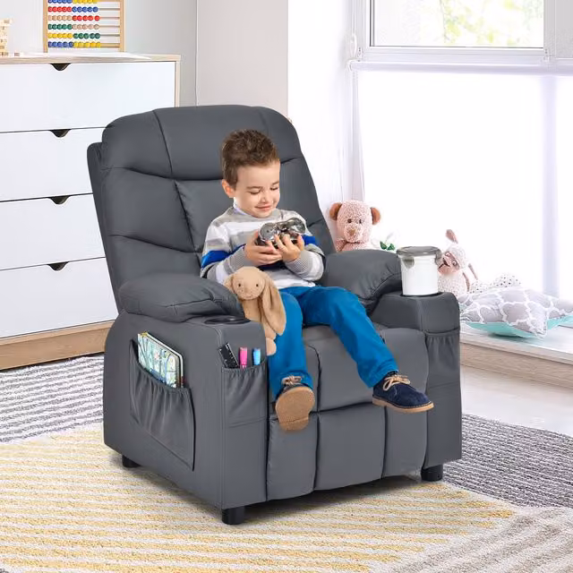 Costway Kids and Youth Recliner Chair in Grey with Synthetic Leather and Solid Wood Frame