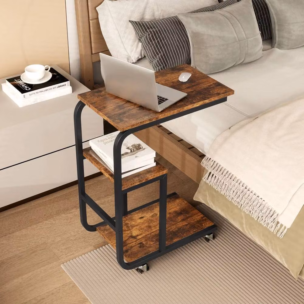 VOGREX 2-Pack Brown C-Shaped Metal Side Tables with Shelves and Castors – 2