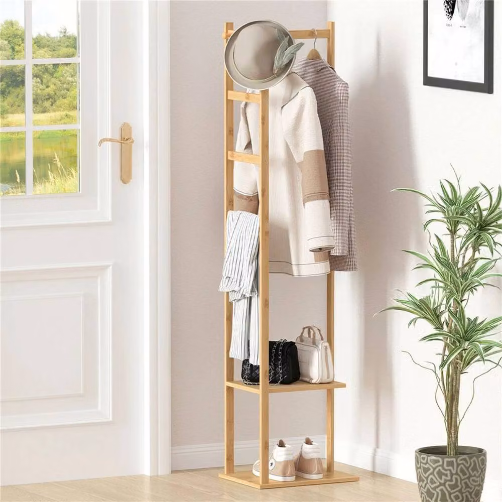 Kelvenix Brown Bamboo Hall Tree with Bench and Dual Hook and Rail Matrix – 3