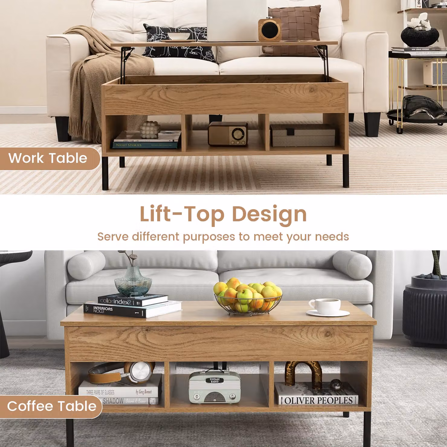Gymax Modern Rectangular Lift Top Coffee Table with Large Compartment and Metal Legs in Beige or Brown – 5