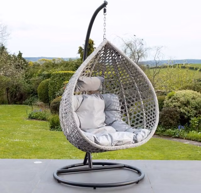 Artemis Home Oakley Swing Egg Pod Chair in Light Grey with Metal Frame and Rattan Detail