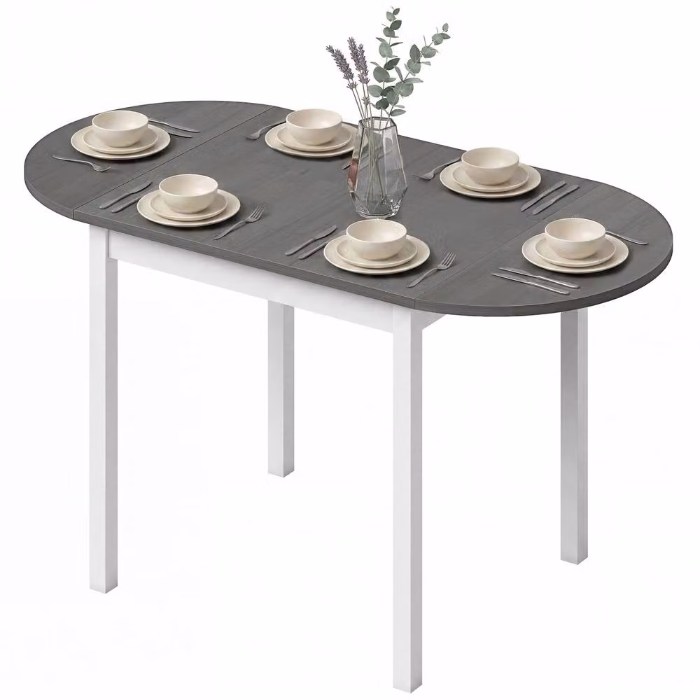 STILVORA Grey Pine Wood 4-6 Seater Drop Leaf Oval Dining Table – 2