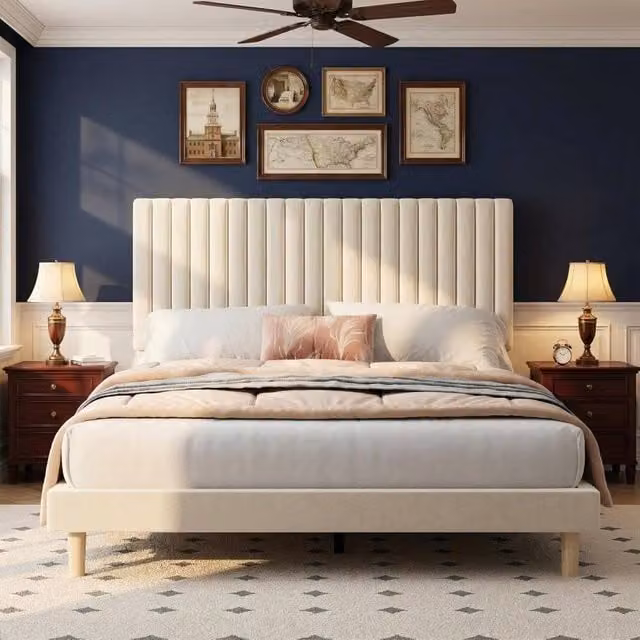 London Boutique Double Bed Frame with Adjustable Velvet Headboard in Beige, W/D/H: 140 x 200 cm – 1