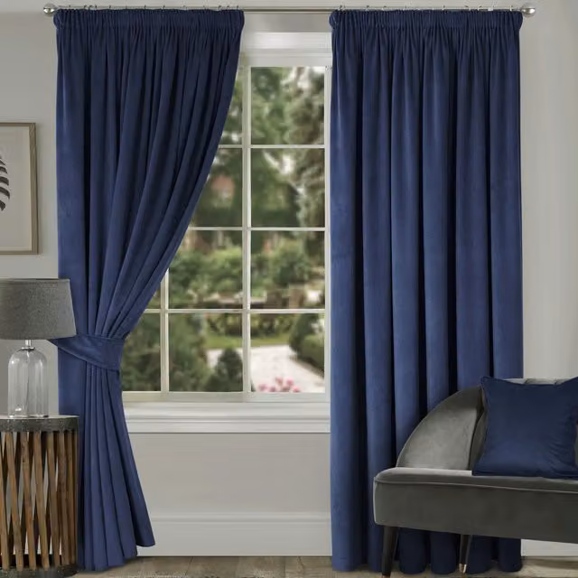 Terrys Montreal Thermal Blackout Velvet Pencil Pleat Curtains, Blue