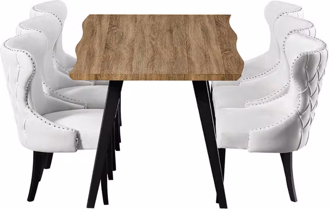 Life Interiors Mayfair Rocco LUX Dining Set with Live Edge Wood Table and 6 Cream Velvet Chairs