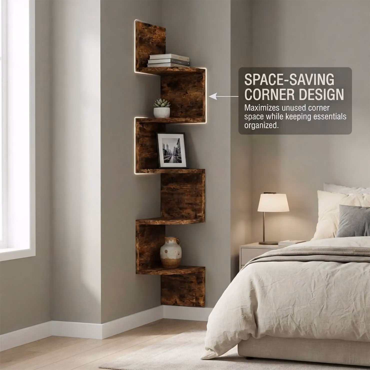Alivio Modern 5-Tier Corner Wall Mounted Wooden Display Shelf in Brown – 2
