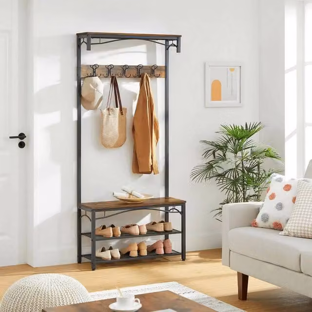 KORVIXA Brown Rustic Hall Tree with Bench and Shoe Rack