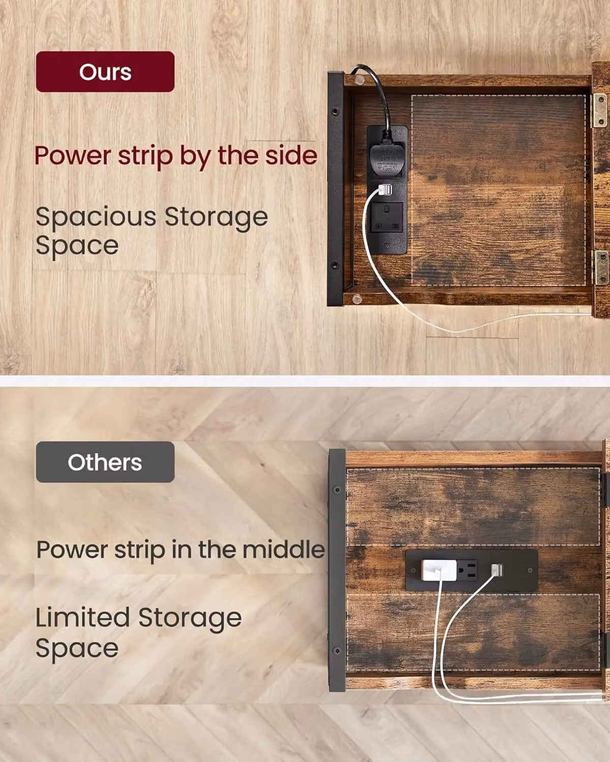 VASAGLE Modern Slim Side Table with Charging Station and USB Ports in Brown – 5