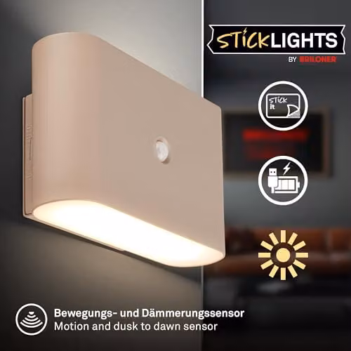 Briloner Rechargeable LED Wall Light with Motion Sensor and Up & Down Lighting, Beige, W/D/H: 16 x 9.5 x 6.5 cm – 2