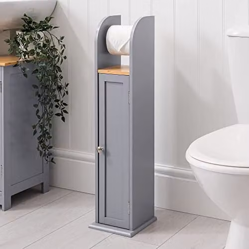 Christow Freestanding Grey Toilet Roll Holder Cabinet with Bamboo Wood Accents and Internal Shelves