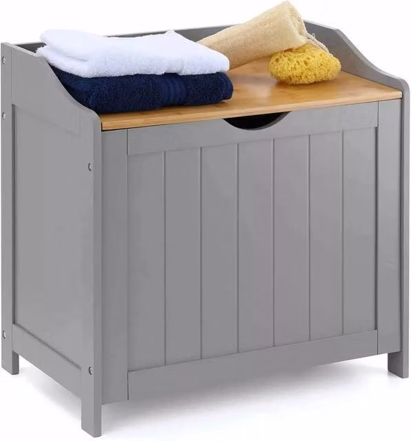 PAWNORA Grey Wooden Laundry Basket Storage Chest with Lid