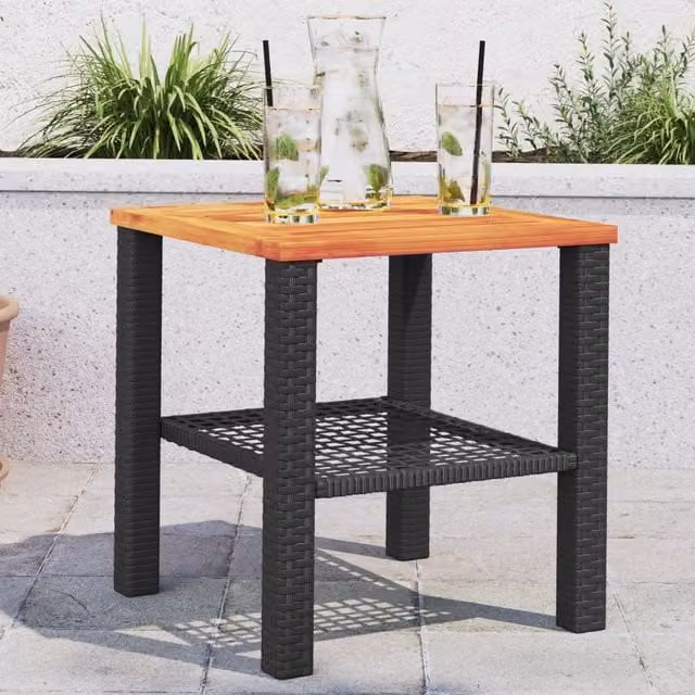 Berkfield Home Modern Black Poly Rattan and Acacia Wood Garden Table W/D/H: 40 x 40 x 42 cm – 1