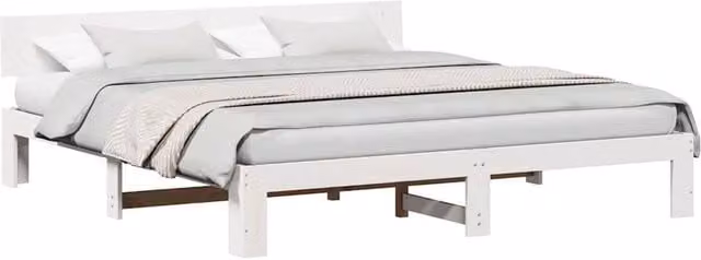 Berkfield Home White Lacquered Solid Pine Wood Bed Frame with Headboard W/D/H: 200 x 200 x 66 cm