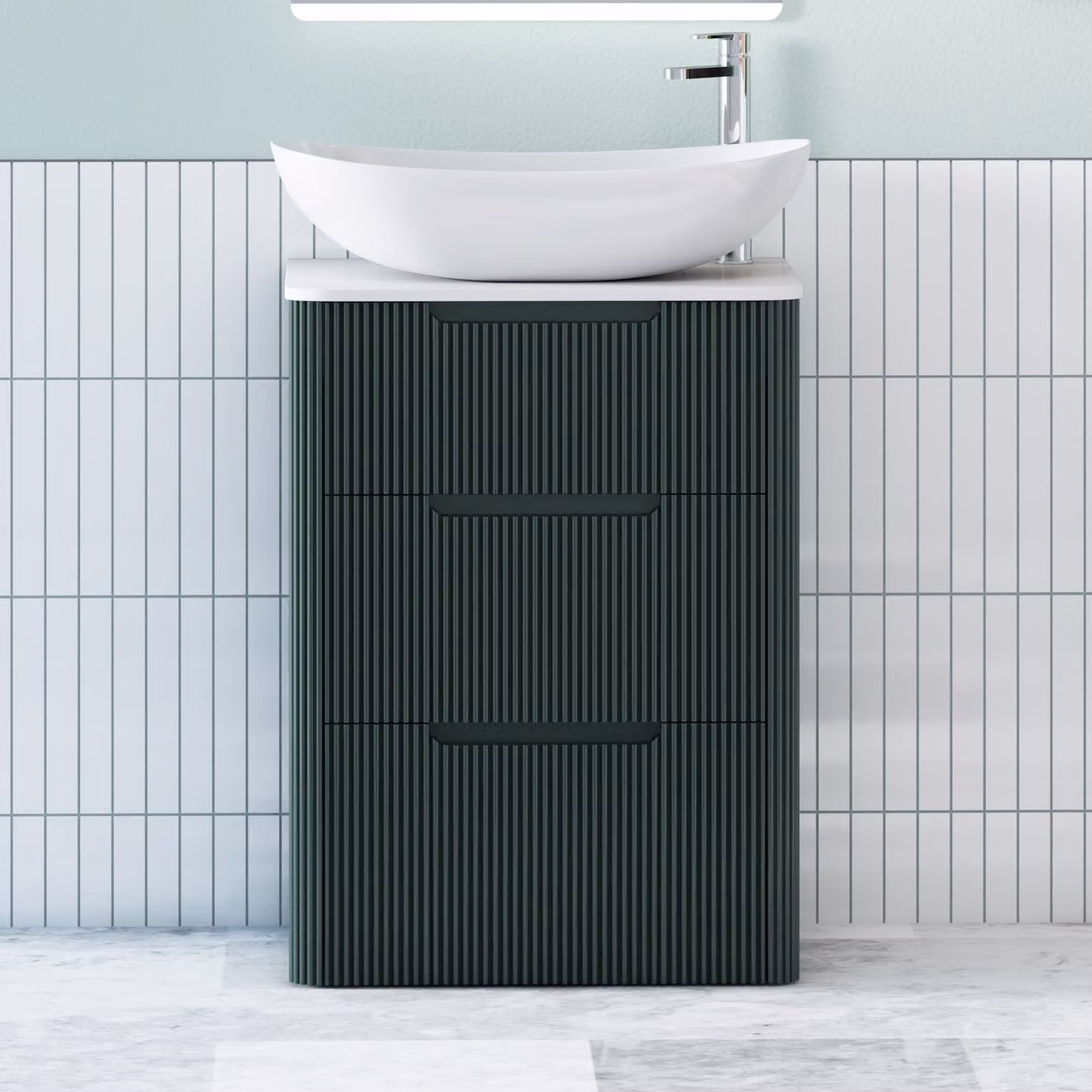 Royal Bathrooms Avenza Floor Standing 3 Drawer Vanity Unit in Moss Green with Plain White Worktop and Cesar Basin
