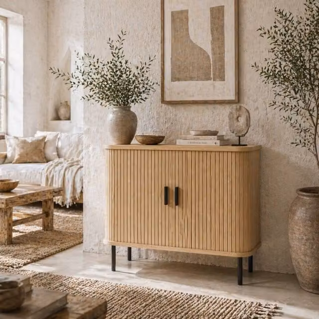 Wyld Haus Ronoke Mid Century Sideboard with Slatted Sliding Doors in Natural Oak Effect