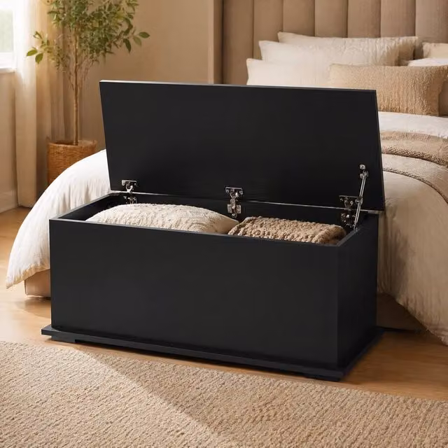 STILVORA Modern Black MDF Storage Chest with Soft-Close Flip-Top Lid, W/D/H: 120 x 40 x 100 cm