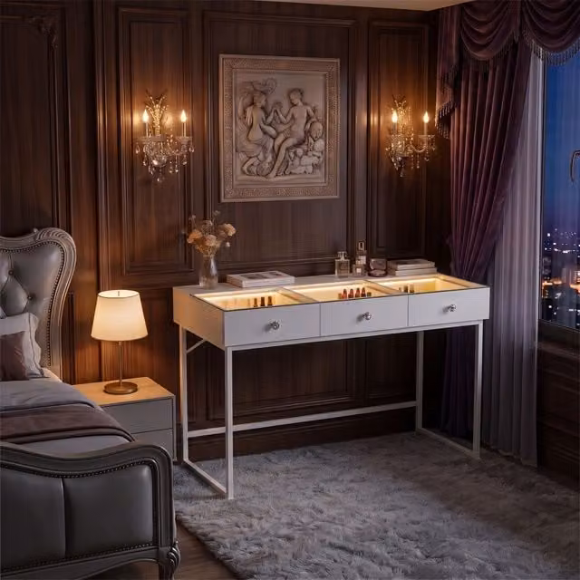 FENCHILIN 3-Drawer Vanity Dressing Table with LED Lights, White, W/D/H: 115 x 55 x 81 cm