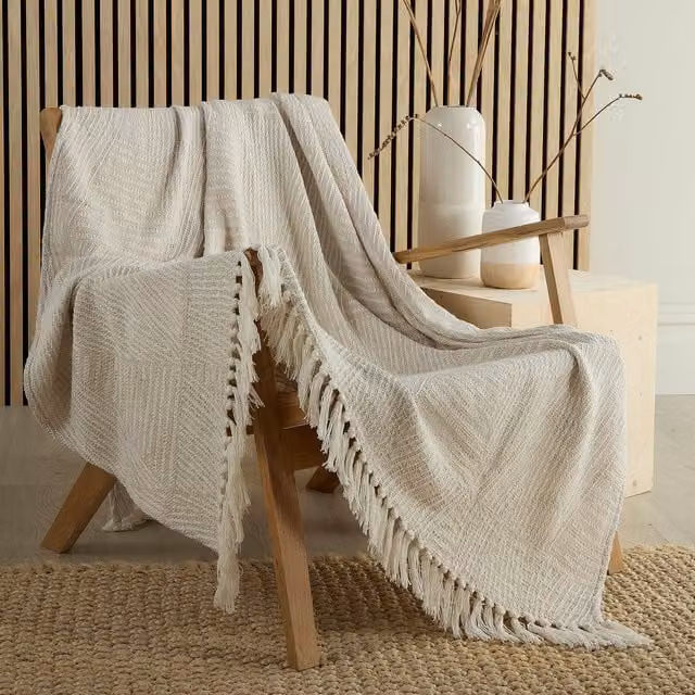 Appletree Myan Textured Geometric Woven Cotton Throw with Fringes, Sand/Beige, W: 130 cm, D: 180 cm