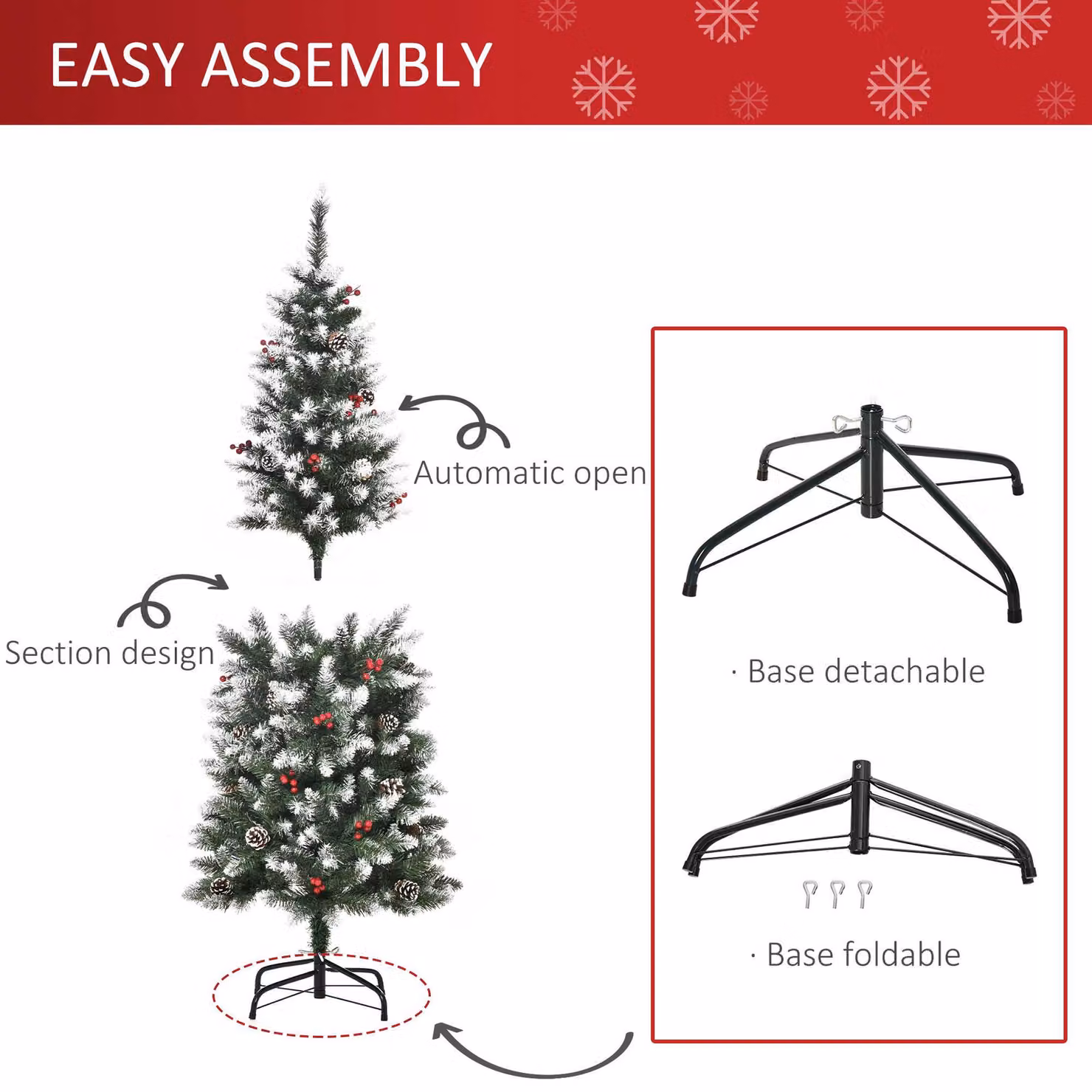 HOMCOM 5ft Green Pencil Christmas Tree with Red Berries and Pinecones – 5