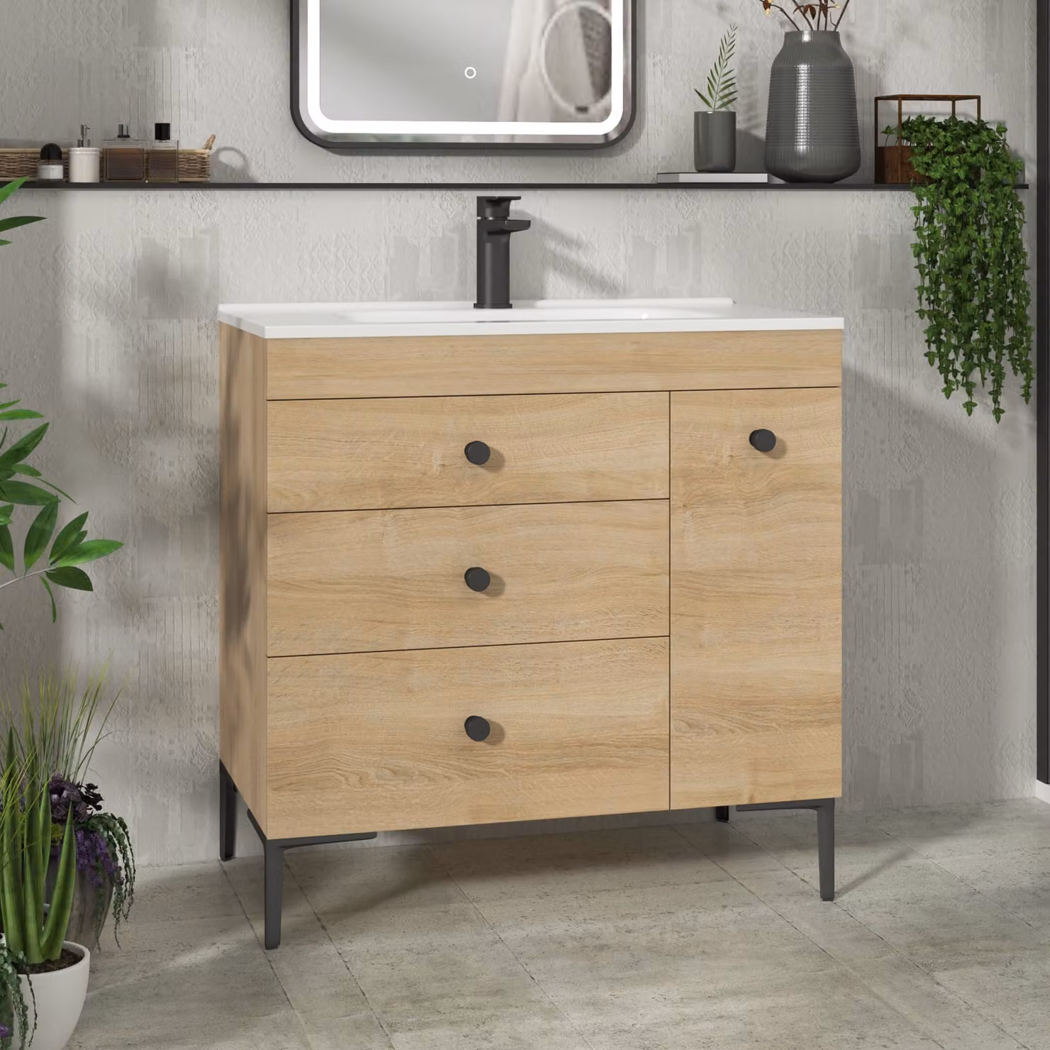 Royal Bathrooms Verona 800mm Natural Oak Floor Standing Bathroom Vanity Unit with 3 Drawers, Side Pull Out Storage and Ceramic Basin in Brown and Black
