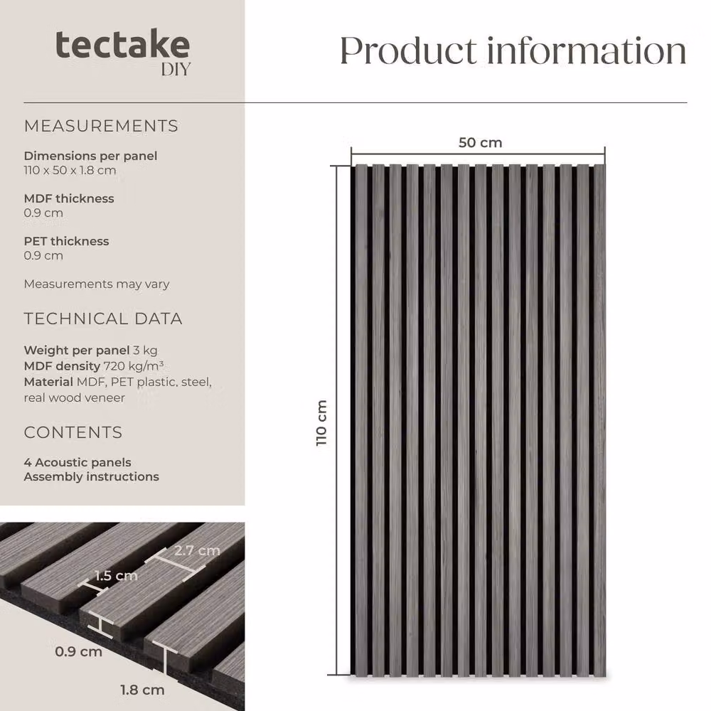 tectake Acoustic Wood Wall Panels in Light Grey Oak Look – 6