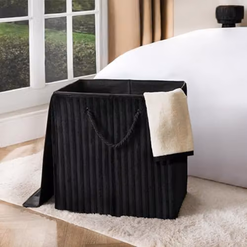 OHS Collapsible Ribbed Faux Fur Laundry Basket with Lid and Rope Handles, Black, W: 45 cm, D: 49 cm, H: 31 cm – 1