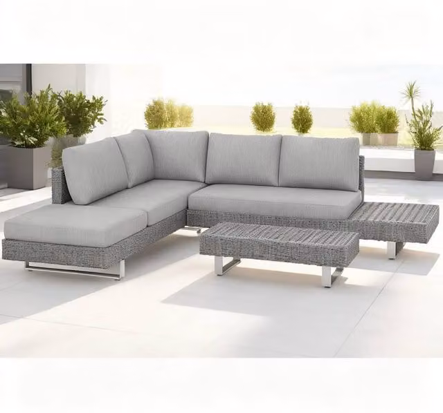 ERGOVEXA Three-Piece L-Shape Rattan Garden Sofa Set with Cushions in Grey