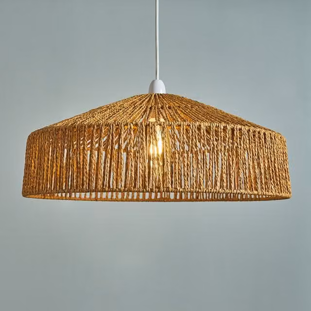 ValueLights Elcano Brown Woven Rattan Cone Ceiling Light Shade with Warm White Filament Bulb