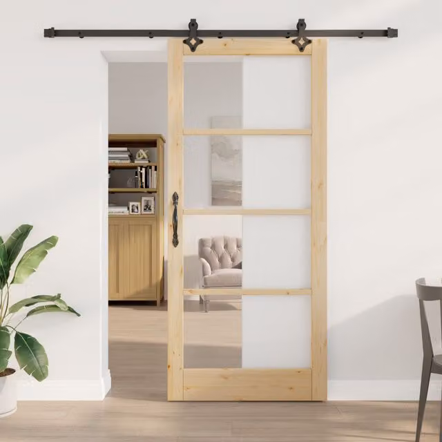 Berkfield Home Orkdal Modern Sliding Door with Hardware Set in Beige, Solid Wood and Glass