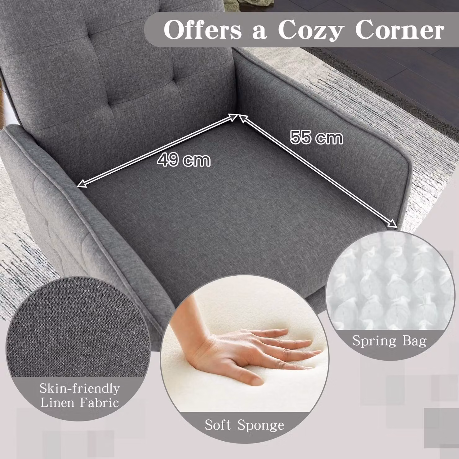 Costway Modern Upholstered Accent Armchair in Grey with Metal Frame – 7