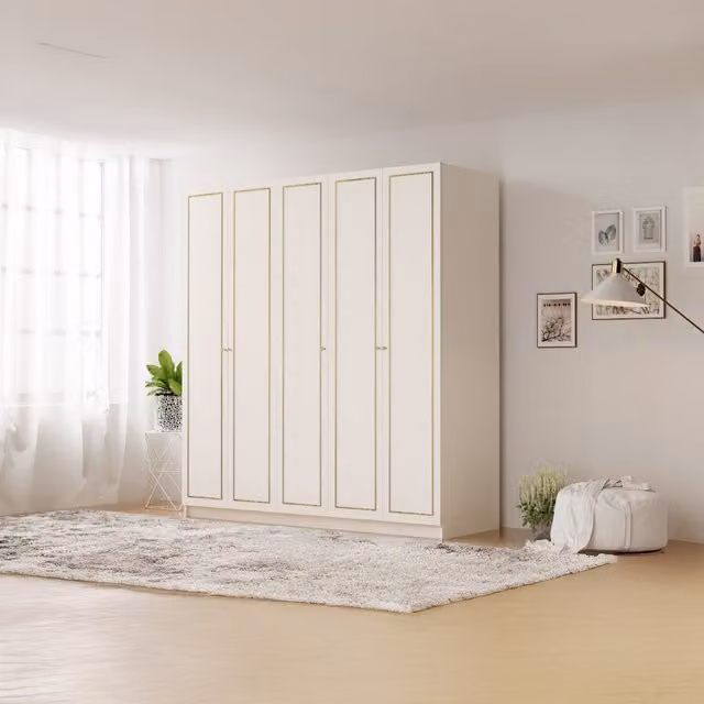 EVUHOME Marie XL 5 Door Wardrobe in White and Gold, H: 210 cm, W: 175 cm, D: 52 cm