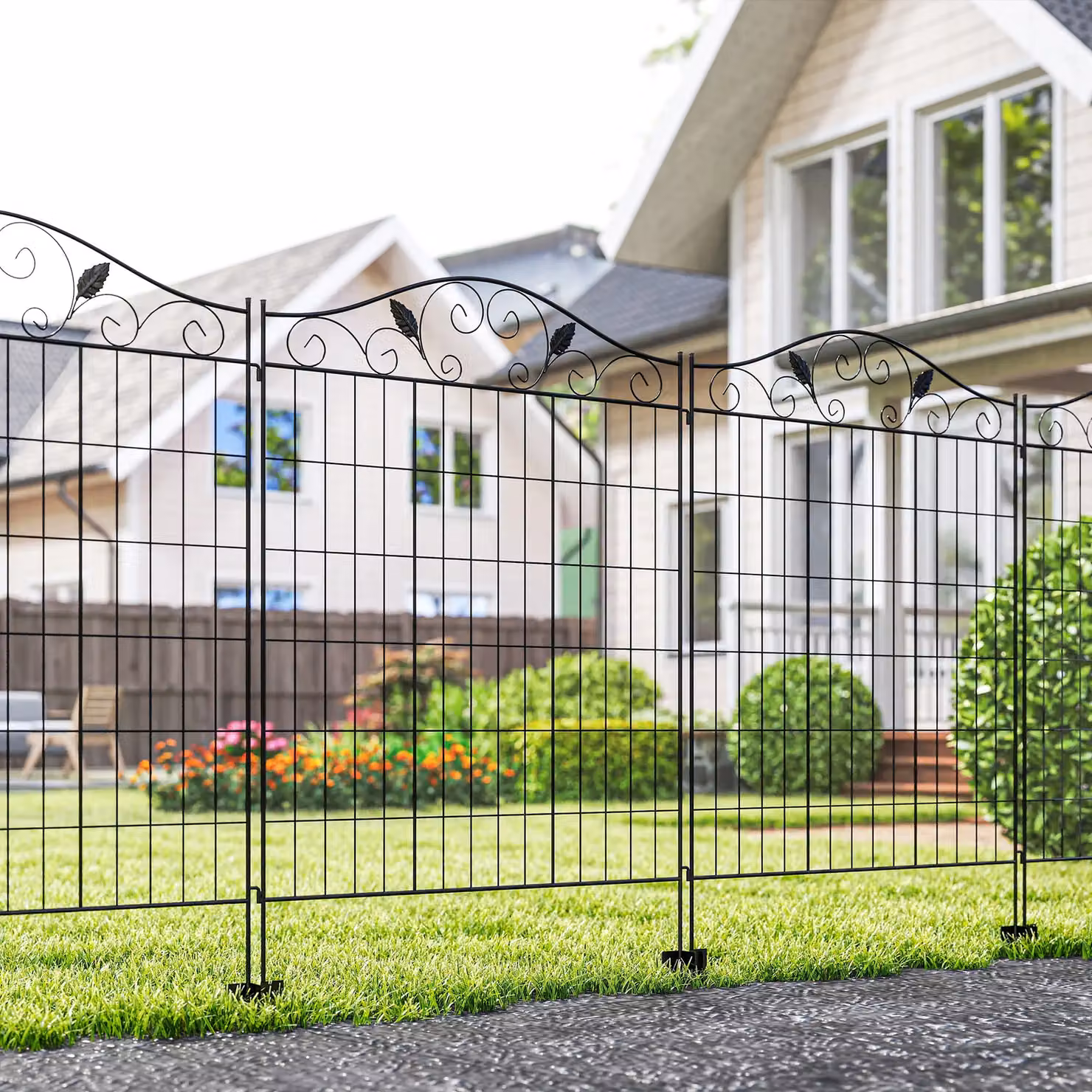 Outsunny Decorative Garden Fence 4 Panels, Black Powder-Coated Steel, L: 365 cm, H: 111.76 cm – 2