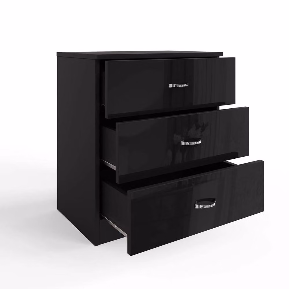 VOGREX 3 Drawer Black Gloss Bedside Table – 3