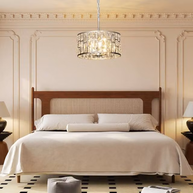 HOMCOM Modern Silver Crystal Chandelier with Adjustable Height and 3-Light E14 Base – 1