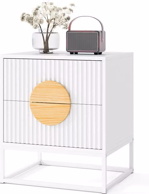 Costway Fluted Nightstand End Table with 2 Drawers in White